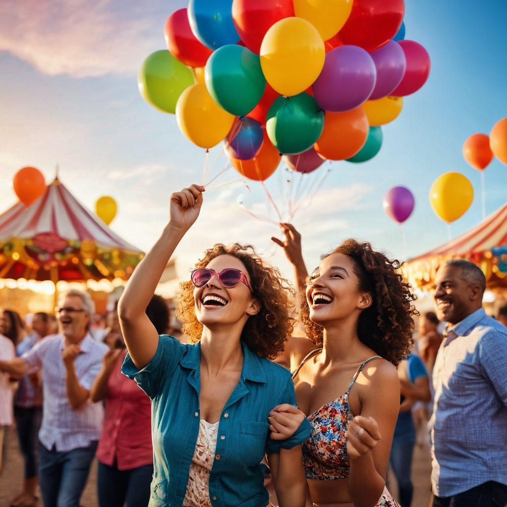 A vibrant carnival scene featuring mature adults joyfully engaging in various entertainment activities, like dancing, watching performances, and enjoying delicious street food. Add colorful balloons and festive decorations in the background, with a sunset sky casting a warm glow over the festivities. Include elements like laughter, camaraderie, and a sense of freedom in their expressions. whimsical and lively style. warm colors. dynamic composition.