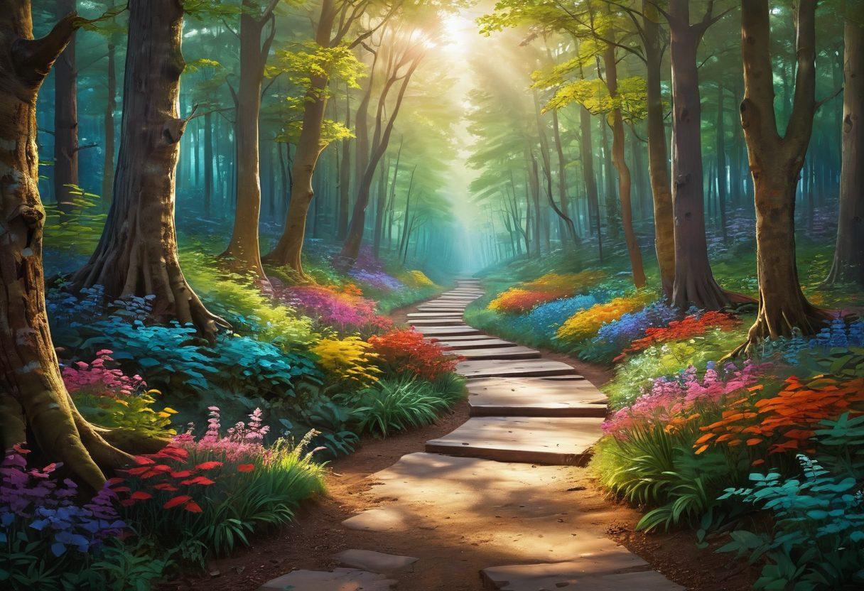A serene landscape featuring a winding path leading through a vibrant, sunlit forest. Along the path, whimsical signs point towards various pleasures and joys, symbolizing the journey to satisfaction. Incorporate subtle hints of explicit creativity, such as playful and colorful abstract shapes hidden among the trees, to represent diverse content. The overall mood should evoke a sense of exploration and joy. super-realistic. vibrant colors. fantasy art.